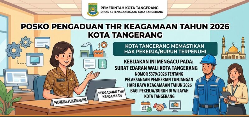 [Hanya Ilustrasi] Posko Pengaduan THR Keagamaan Tahun 2026 yang disediakan Pemerintah Kota Tangerang melalui Dinas Ketenagakerjaan untuk memfasilitasi pengaduan pekerja terkait pembayaran THR.