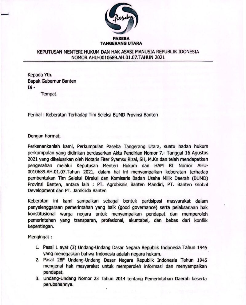 Paseba Sorot Gubernur Banten Soal Tim Seleksi Direksi dan Komisaris BUMD